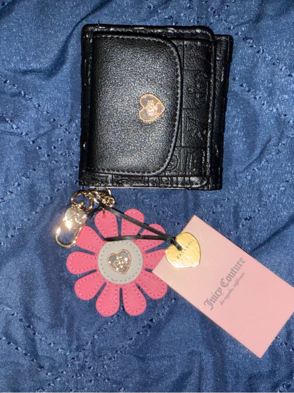 Juicy Couture Black Mini Wallet with Pink Flower Charm and Gold Heart Accent